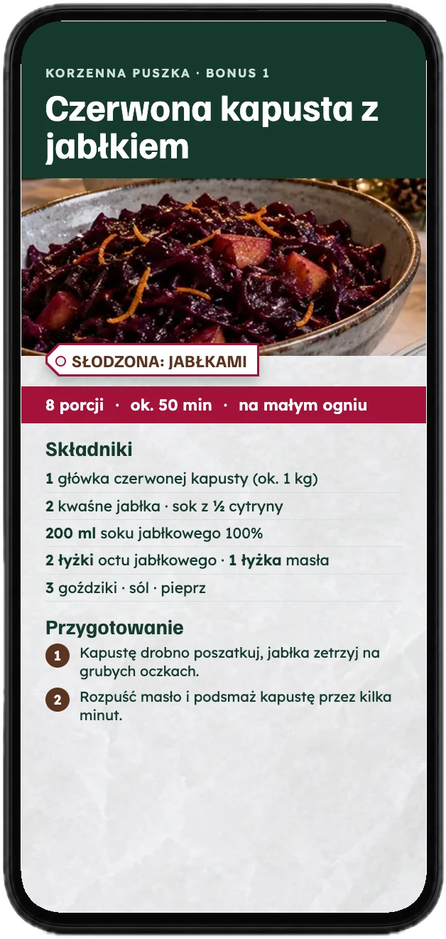 Przepis na czerwoną kapustę z jabłkiem z bonusu, na ekranie telefonu