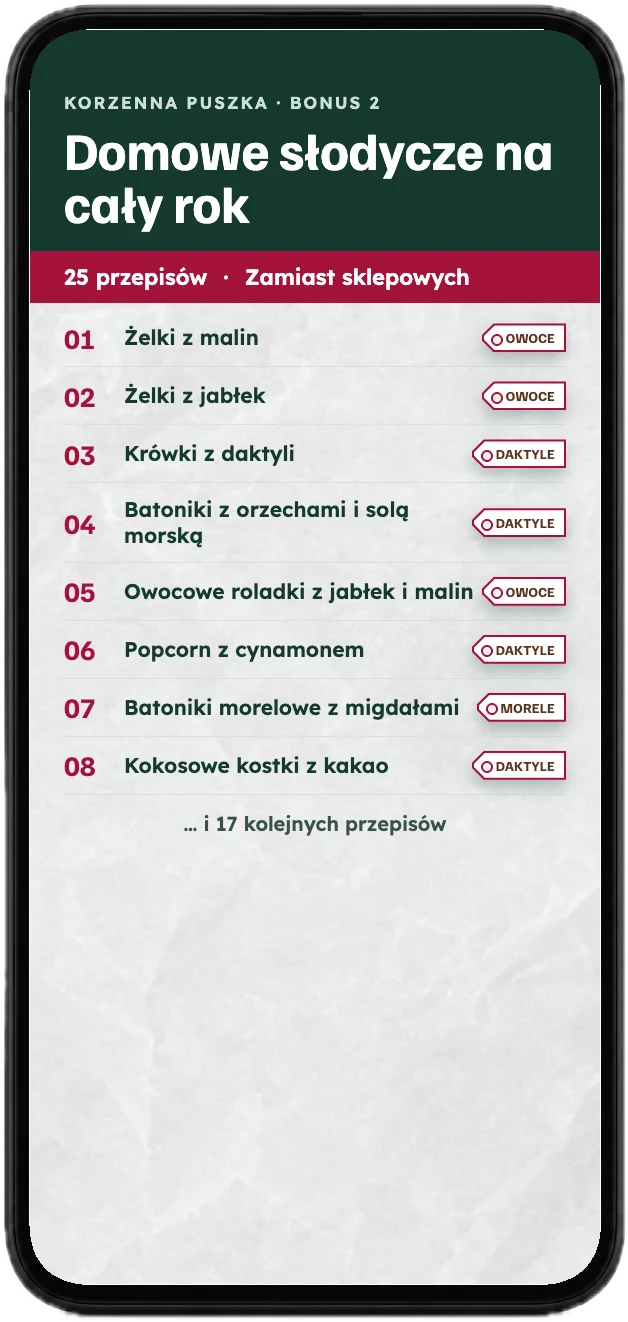 Spis słodyczy z bonusu, na ekranie telefonu